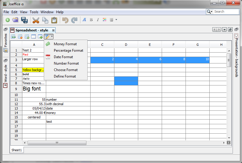 Joeffice spreadsheet screenshot