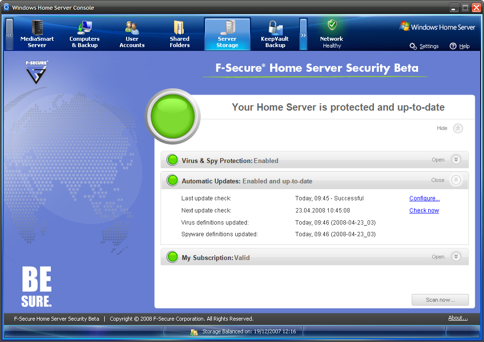 F-Secure's antivirus solution seamlessly connects to the Windows Home Server console.