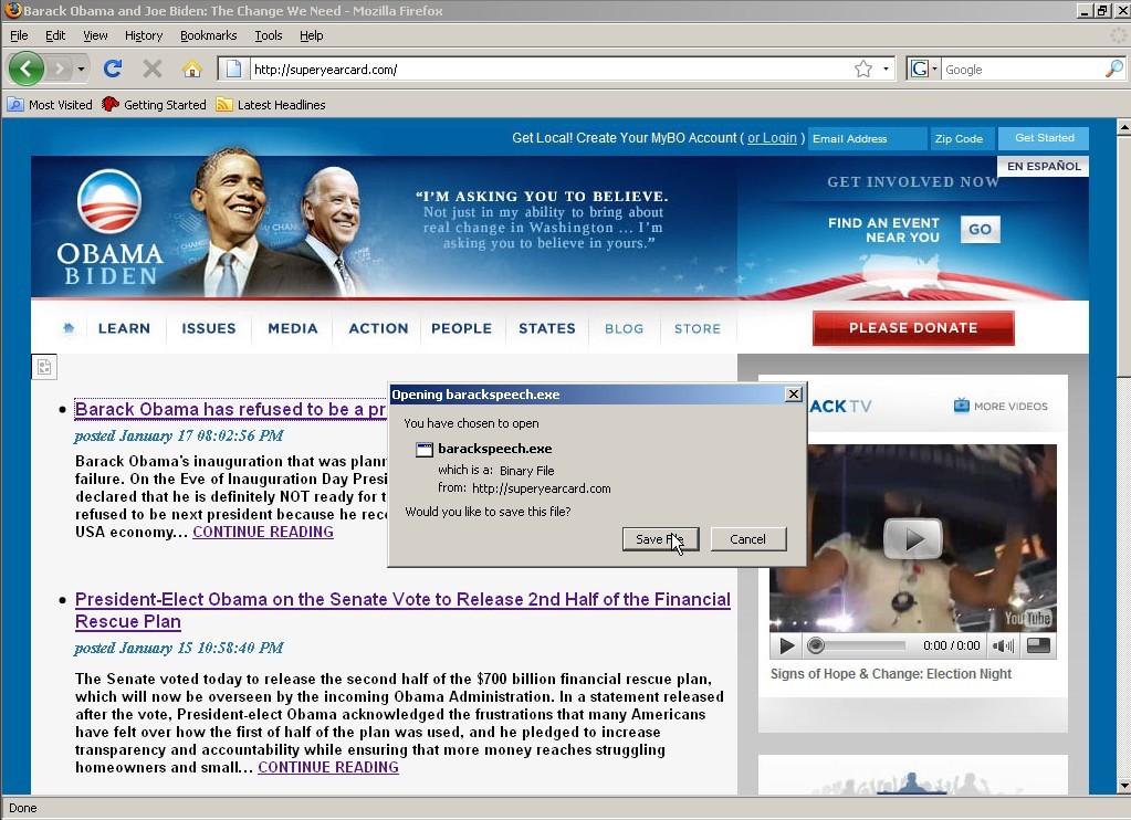 An example of a fake Barack Obama site and malware download lure
