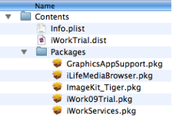 A look inside of the installer shows the iWorkServices.pkg file