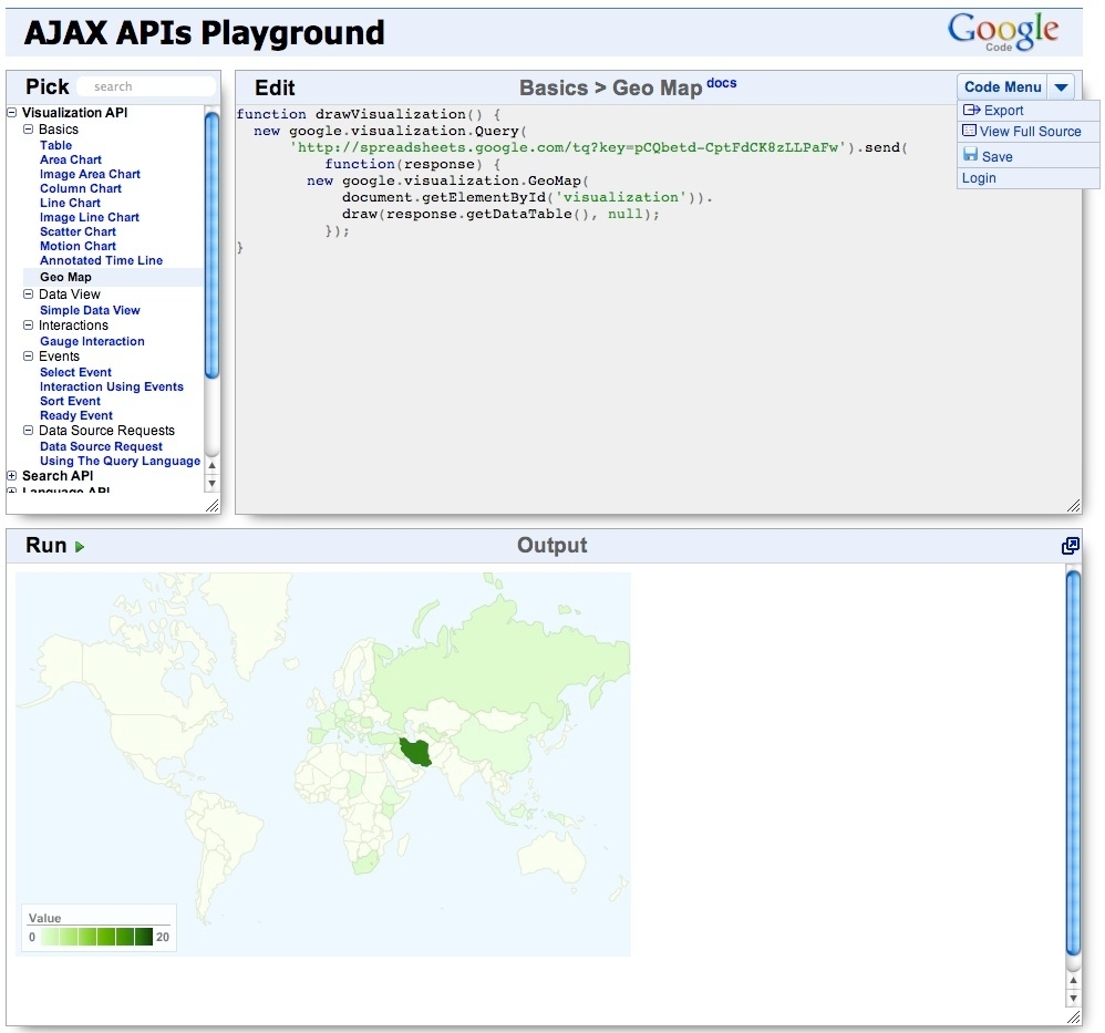 An example of the AJAX API Playground map output