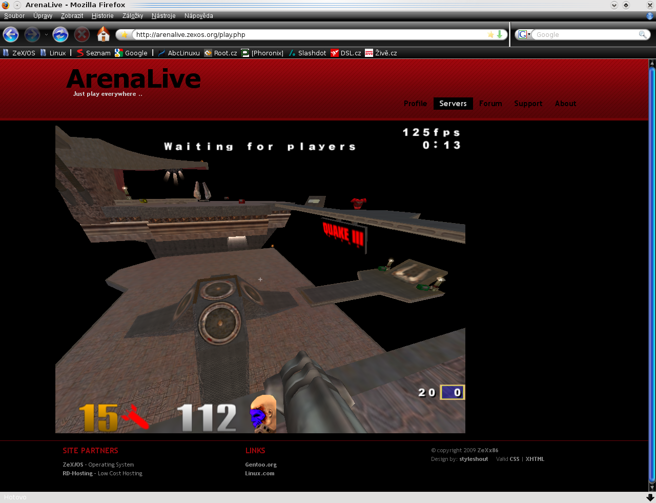 Free online shooter Arena Live being played in Firefox under Linux.