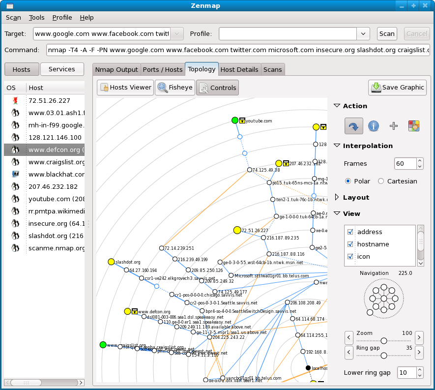Zenmap's new network topology graphing mode.