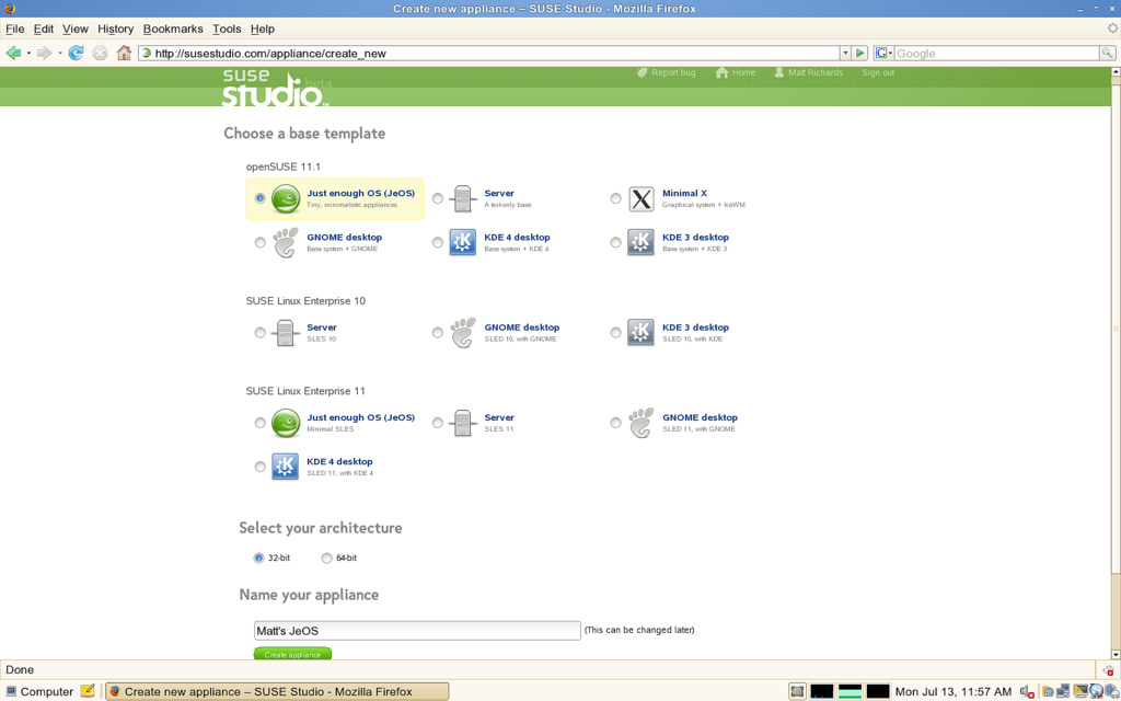 The SUSE Studio appliance creation interface.