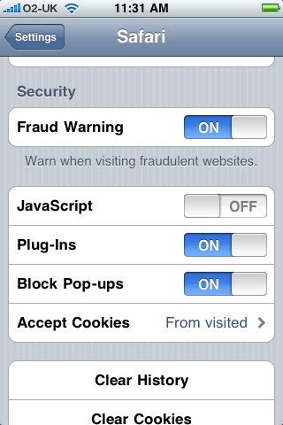 The Safari settings page under iPhone OS 3.1.