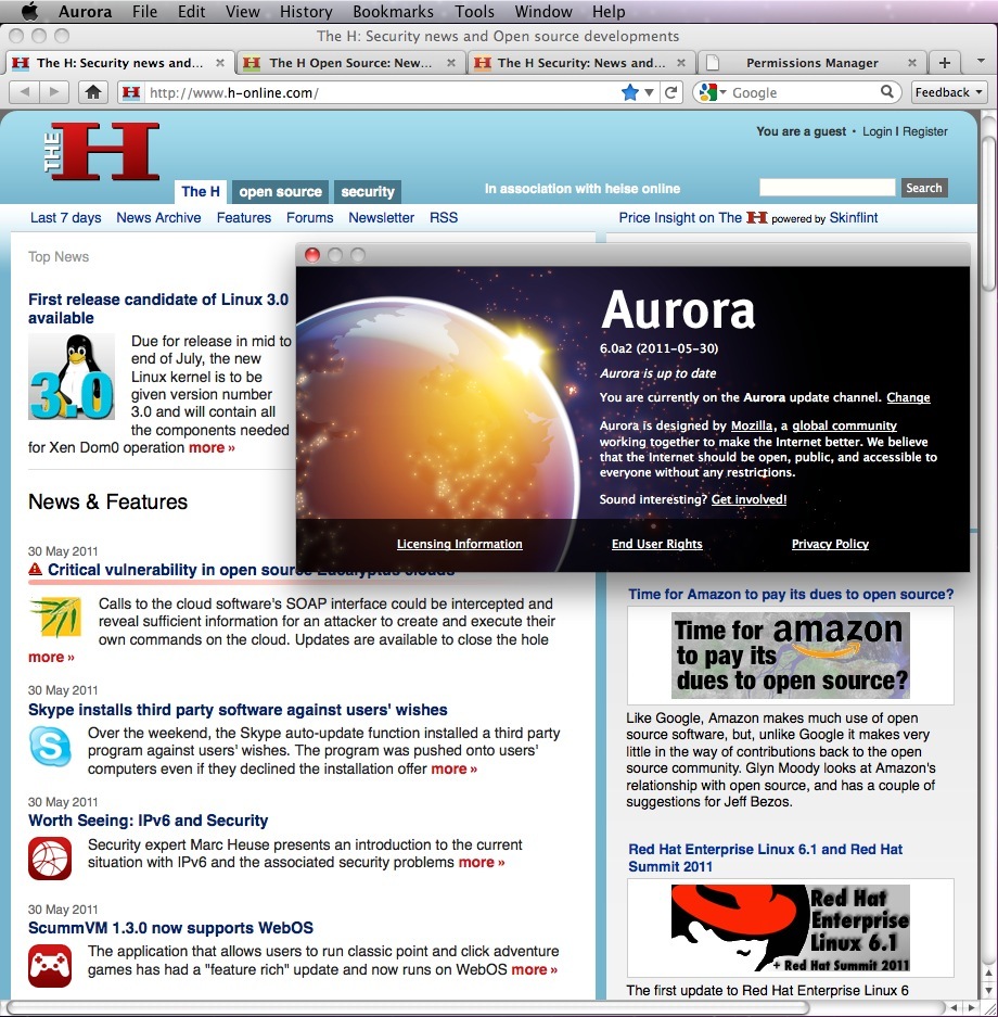 Firefox 6.0a2 Aurora on Mac OS X