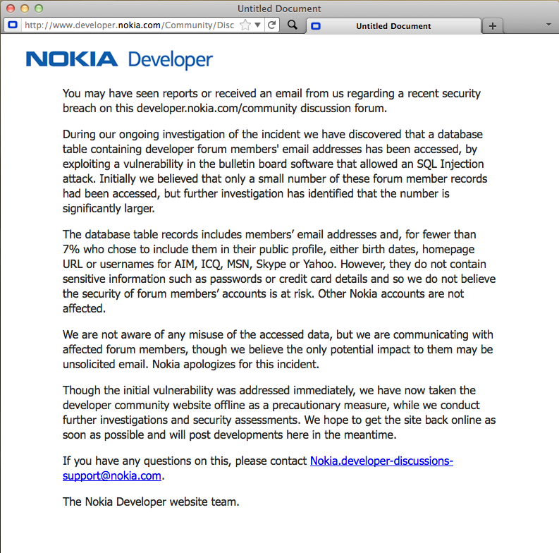 Nokia's developer forum is temporarily unavailable
