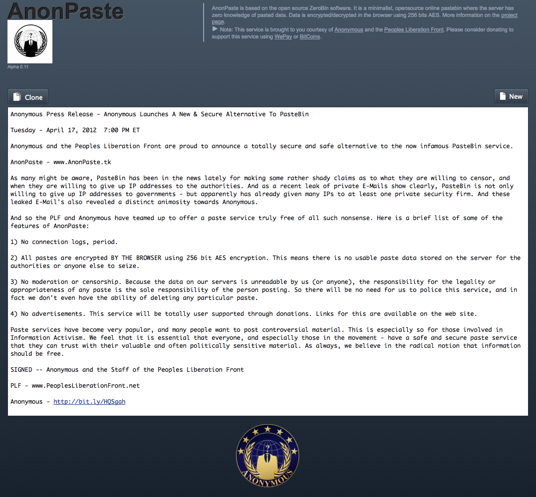 AnonPaste's press release on AnonPaste