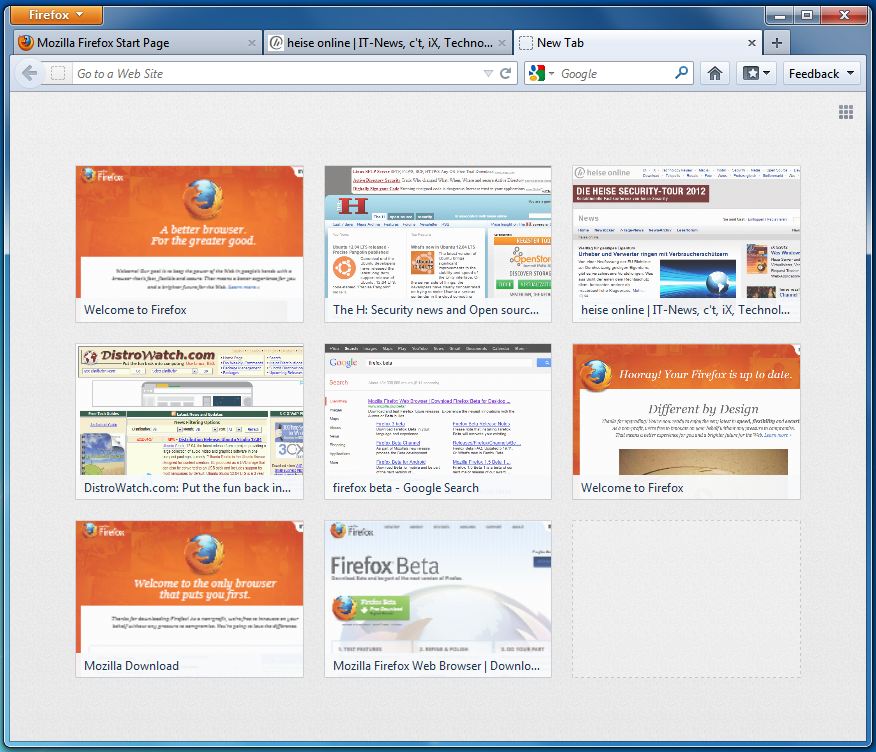 New Tabs give options in Firefox 13 Beta
