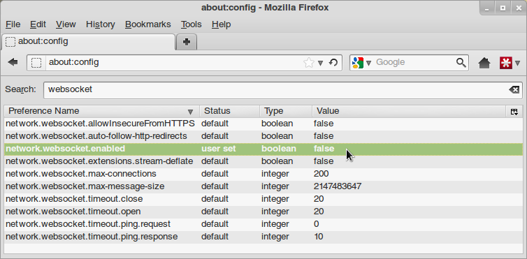 Disabling WebSocket in Firefox