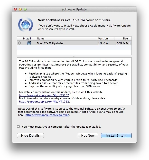 Screenshot of Mac OS X updating to 10.7.4