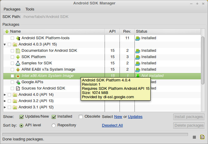 Screenshot of the Android SDK Manager
