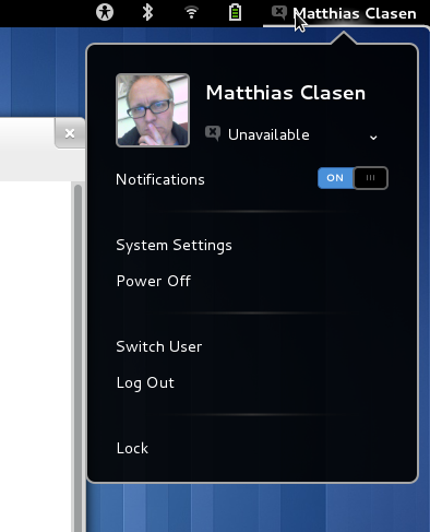 Screenshot of the GNOME user menu
