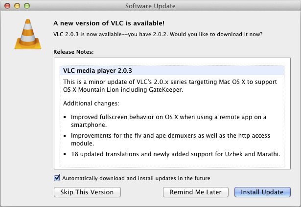 VLC 2.0.3 update notification