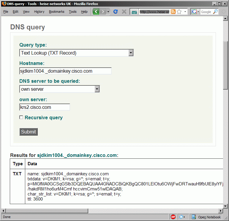A DNS query tool can be used by anyone to take a look at the keys that are used for DKIM.