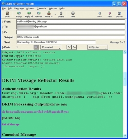 The server replies to emails sent to the dkim-test@testing.dkim.org address with a detailed signature status report.